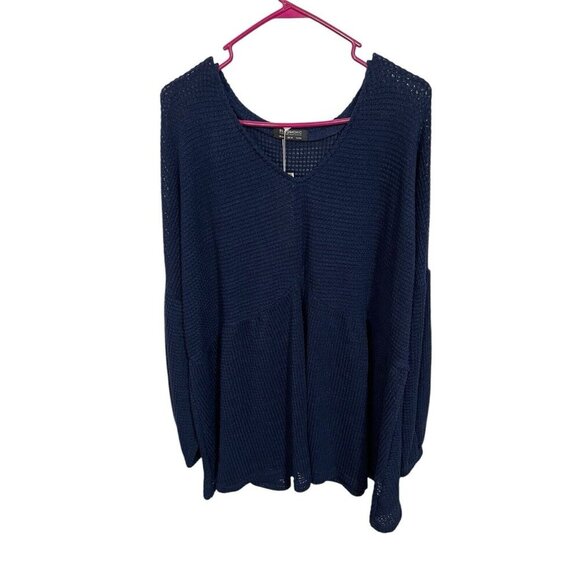 NWT bloomchic 26 Waffle Knit Lantern Sleeve Flutter Hem Sweatshirt Dark Blue - Picture 1 of 5